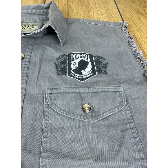 POW MIA Big Rig Truck Mens Shirt L Gray Raw Edges Sleeveless Front Buttons - Picture 13 of 16